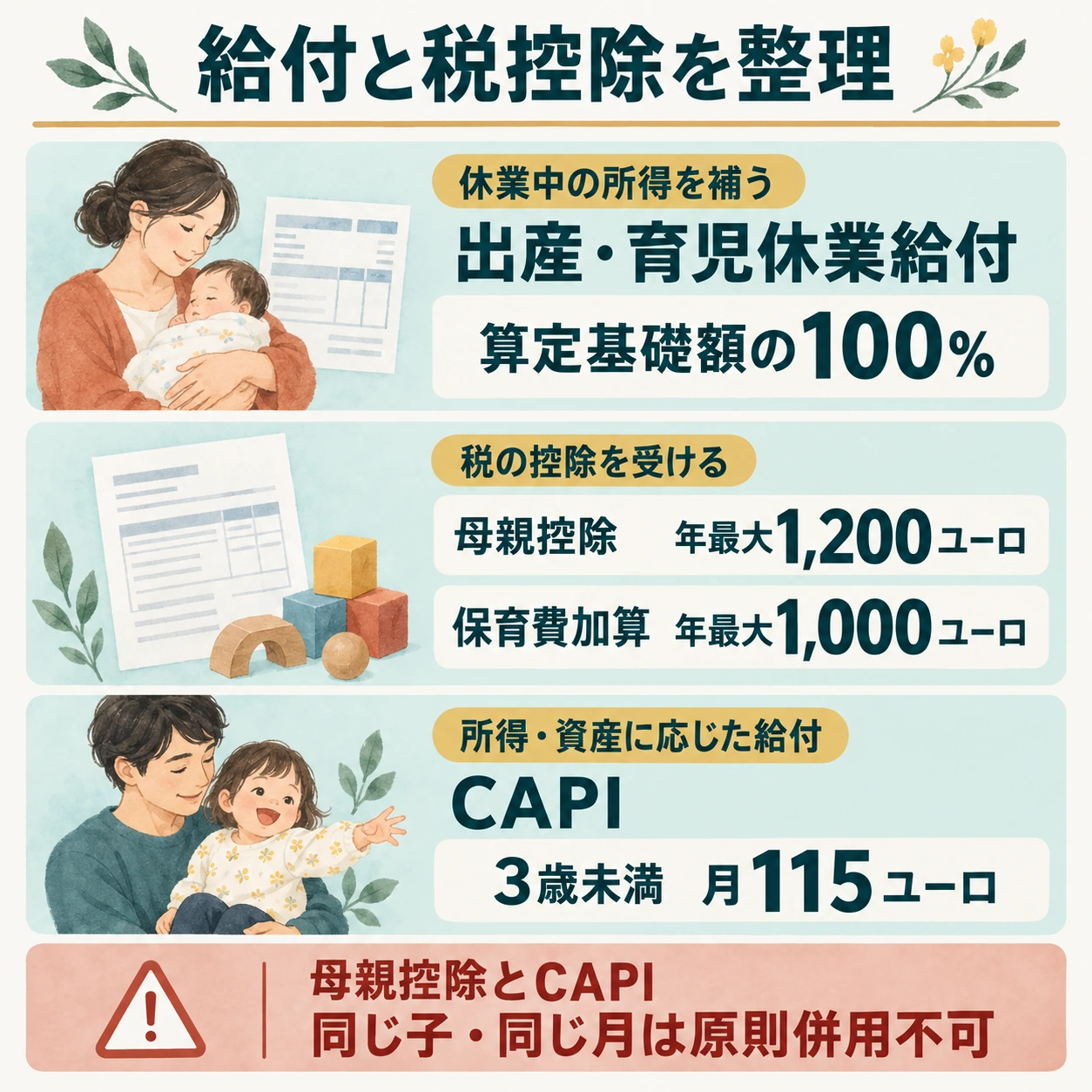 休業給付は算定基礎額の100%、母親控除は年最大1200ユーロ、保育費加算は年最大1000ユーロ、CAPIは3歳未満で月115ユーロ。母親控除とCAPIは原則併用不可