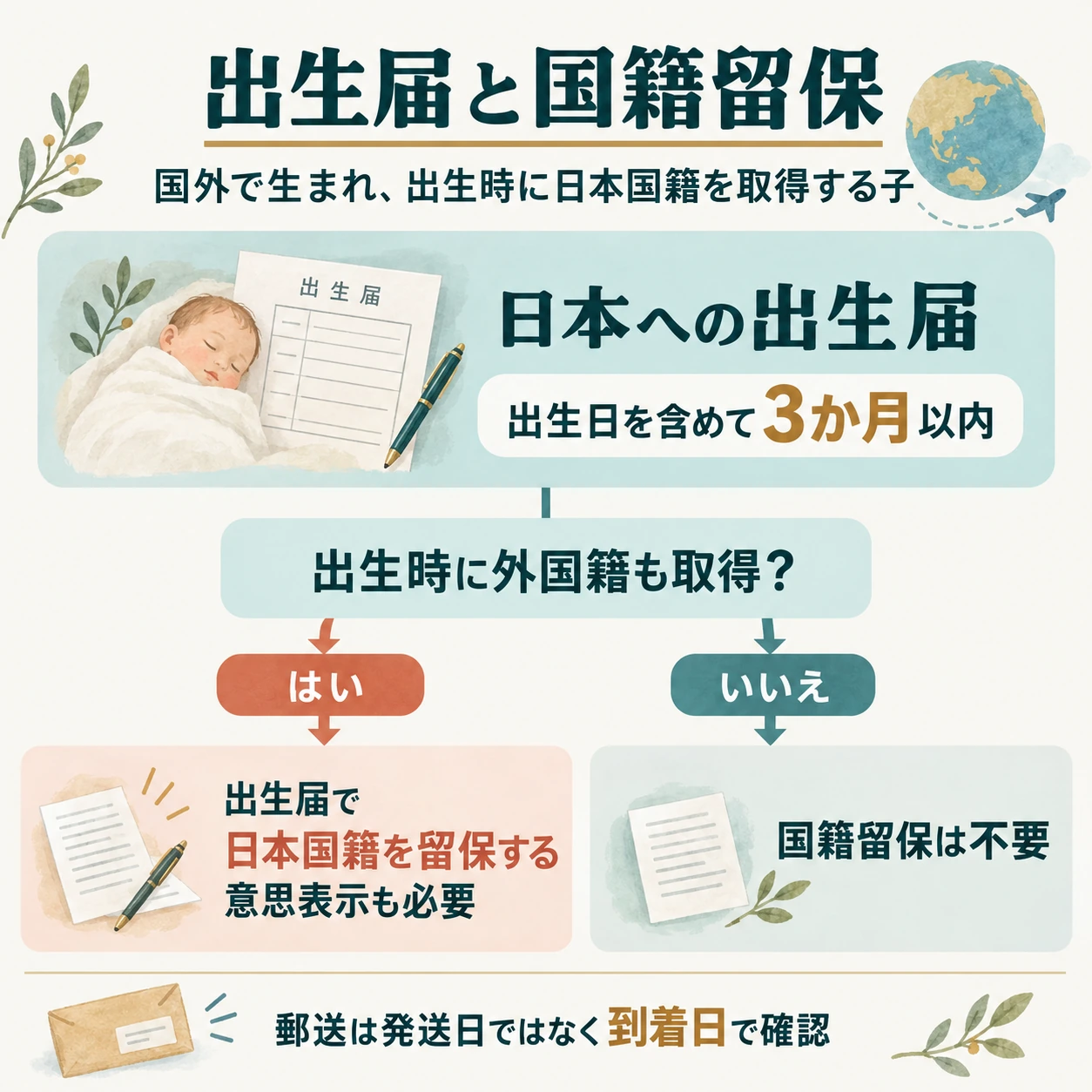 国外出生で日本国籍を取得する子の出生届は出生日を含め3か月以内。出生時に外国籍も取得した場合は国籍留保が必要で、日本国籍のみなら留保は不要
